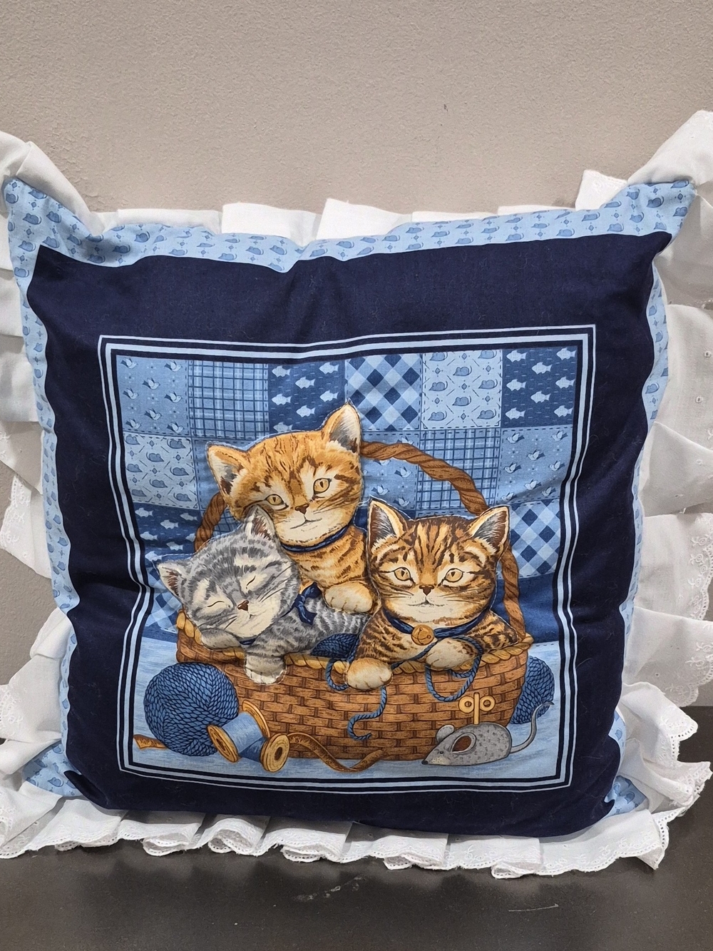 Decorative Cat Pillow with Blue Kitten Basket Illustration